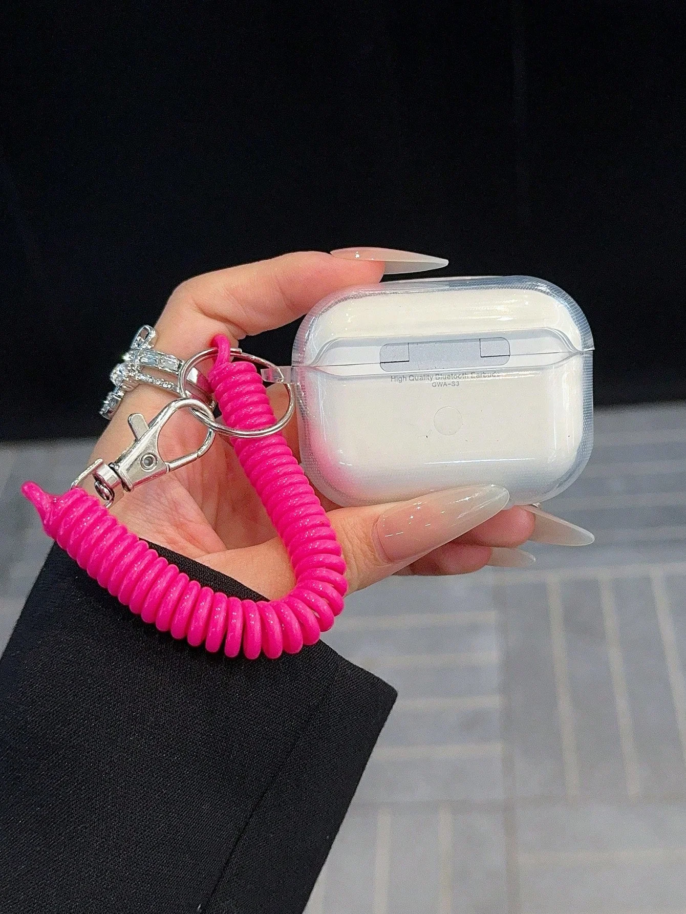 Bonita pajarita rosa y cereza con funda para auriculares con cuerda de resorte rosa-roja para AirPods 1 2 3 4 Pro Pro2 - imagen 4