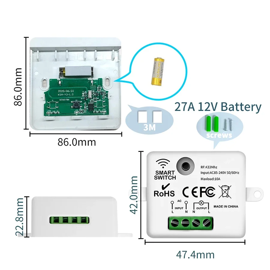 Interruptor de Panel de pared con Control remoto, minireceptor de relé, lámpara de luz LED para el hogar, inalámbrico, inteligente, RF, 433Mhz, 100-220V, 86 cajas - imagen 3
