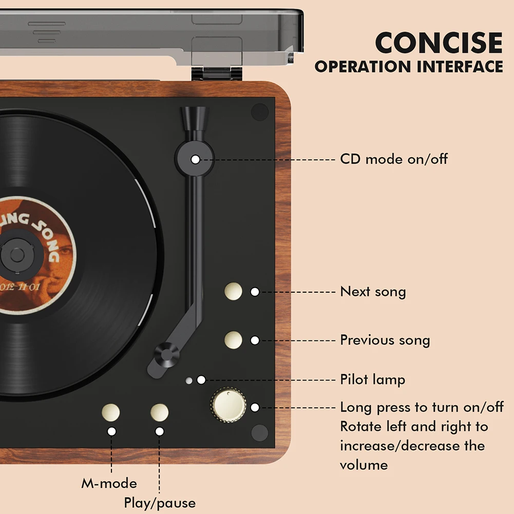 Reproductor de CD Retro, Compatible con Bluetooth, reproductor de CD inalámbrico recargable, AUX de 3,5mm, reproductor de CD de escritorio, decoración del hogar - imagen 5