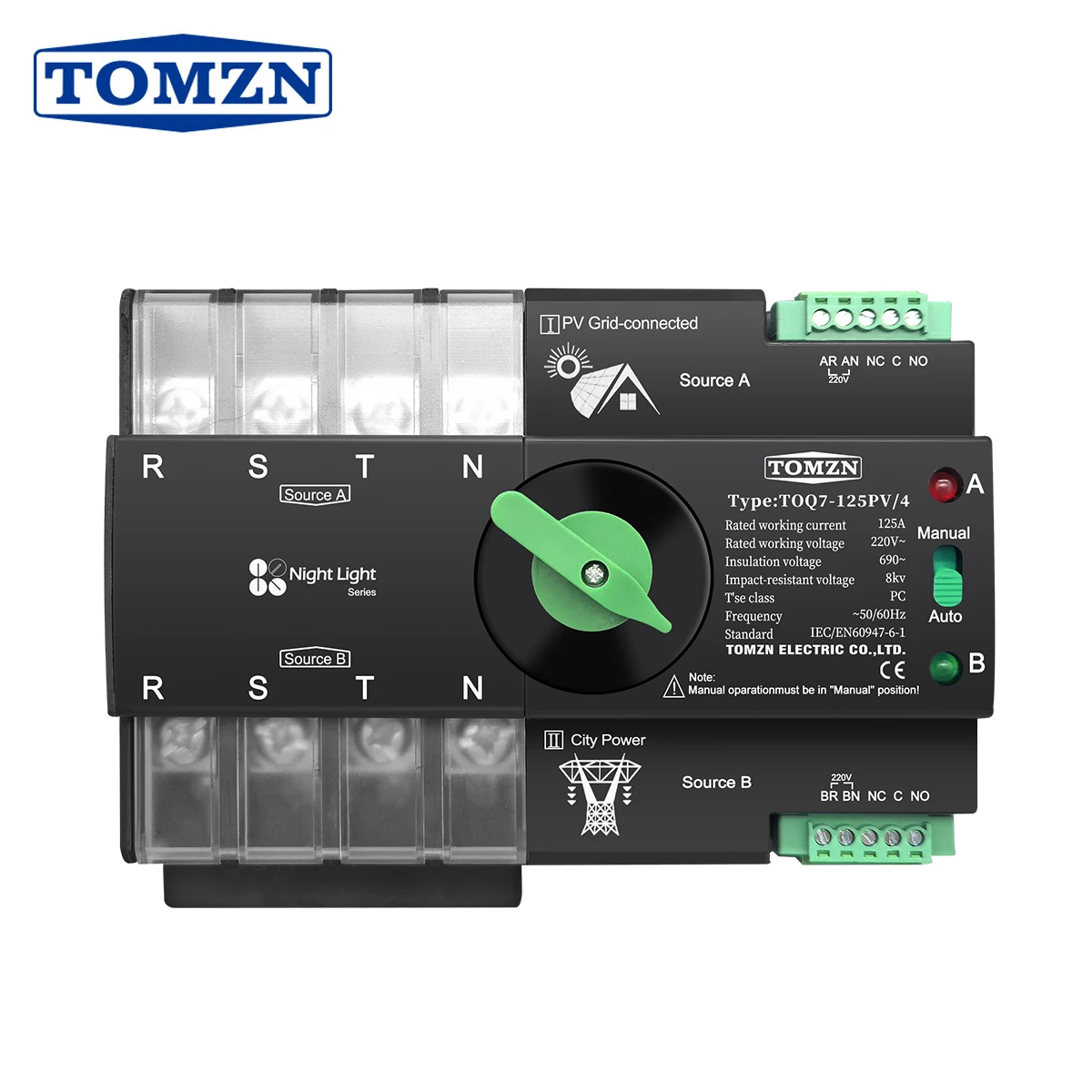 TOMZN carril Din trifásico ATS para PV 4P 63A 100A 125A 230V Doble potencia transferencia automática interruptor Selector eléctrico ininterrumpido
