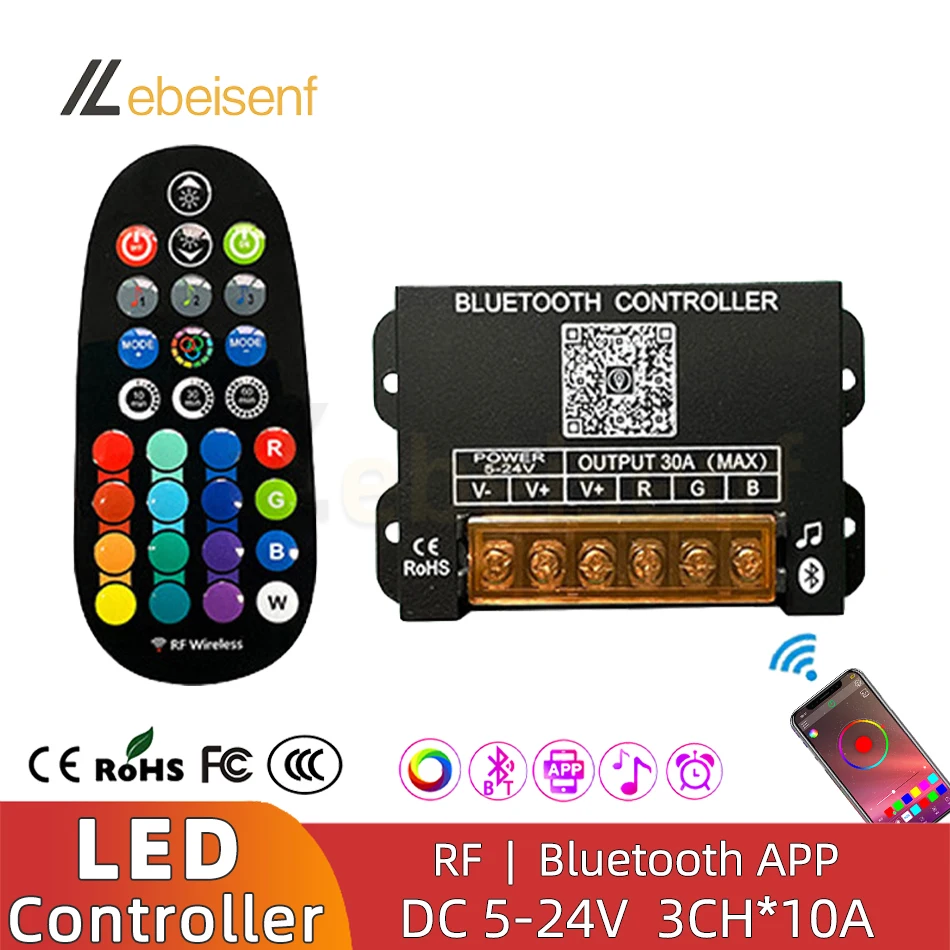 Controlador atenuador RGB con Bluetooth inteligente, CC de 5V, 12V, 24V, 30A y control remoto RF inalámbrico de 29 teclas para tira de luces LED coloridas COB 5050 2835 - imagen 2