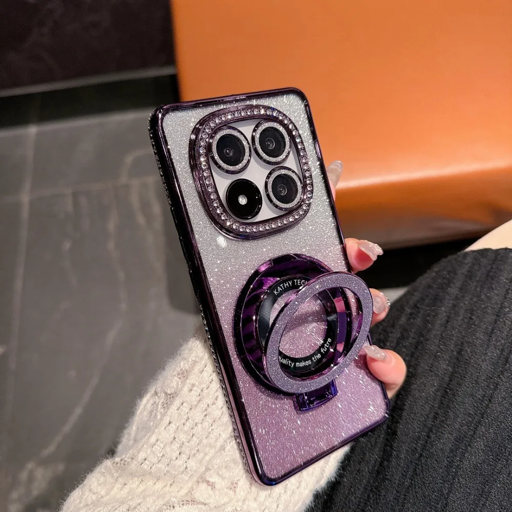 Funda con soporte magnético de diamante brillante chapado de lujo para Xiaomi POCO C75 C65 X7 X6 M6 Pro 4G, funda trasera con soporte para teléfono de silicona suave - imagen 4