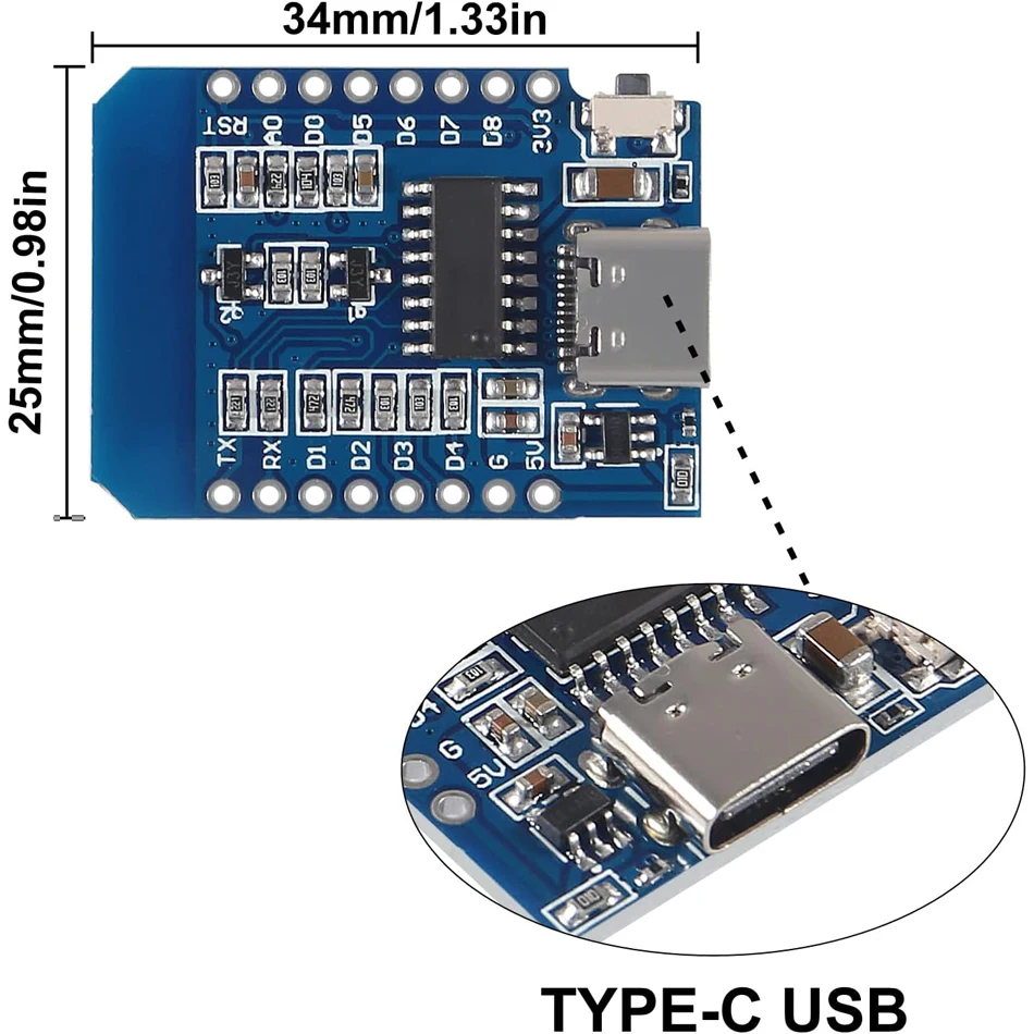 Módulo WiFi inalámbrico para Arduino, Micro USB tipo C, D1, Mini NodeMcu, ESP8266, ESP-12F, Mini NodeMCU Lua, 4M Bytes - imagen 3
