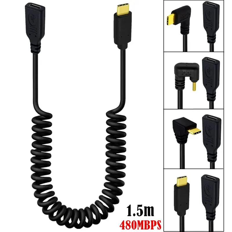 Fil à ressort d'extension 6 cœurs plaqué or USB2.0 type-c mâle à femelle, fil d'extension de données coudé à 90 degrés USB-C - imagen 2