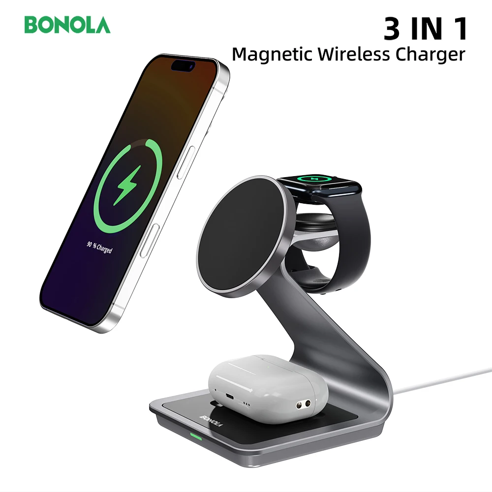 Bonola Estación de carga 3 en 1 para iPhone 17/16/15/14/13 Base magnética Soporte de cargador inalámbrico de metal para Apple Watch/AirPods Pro - imagen 2