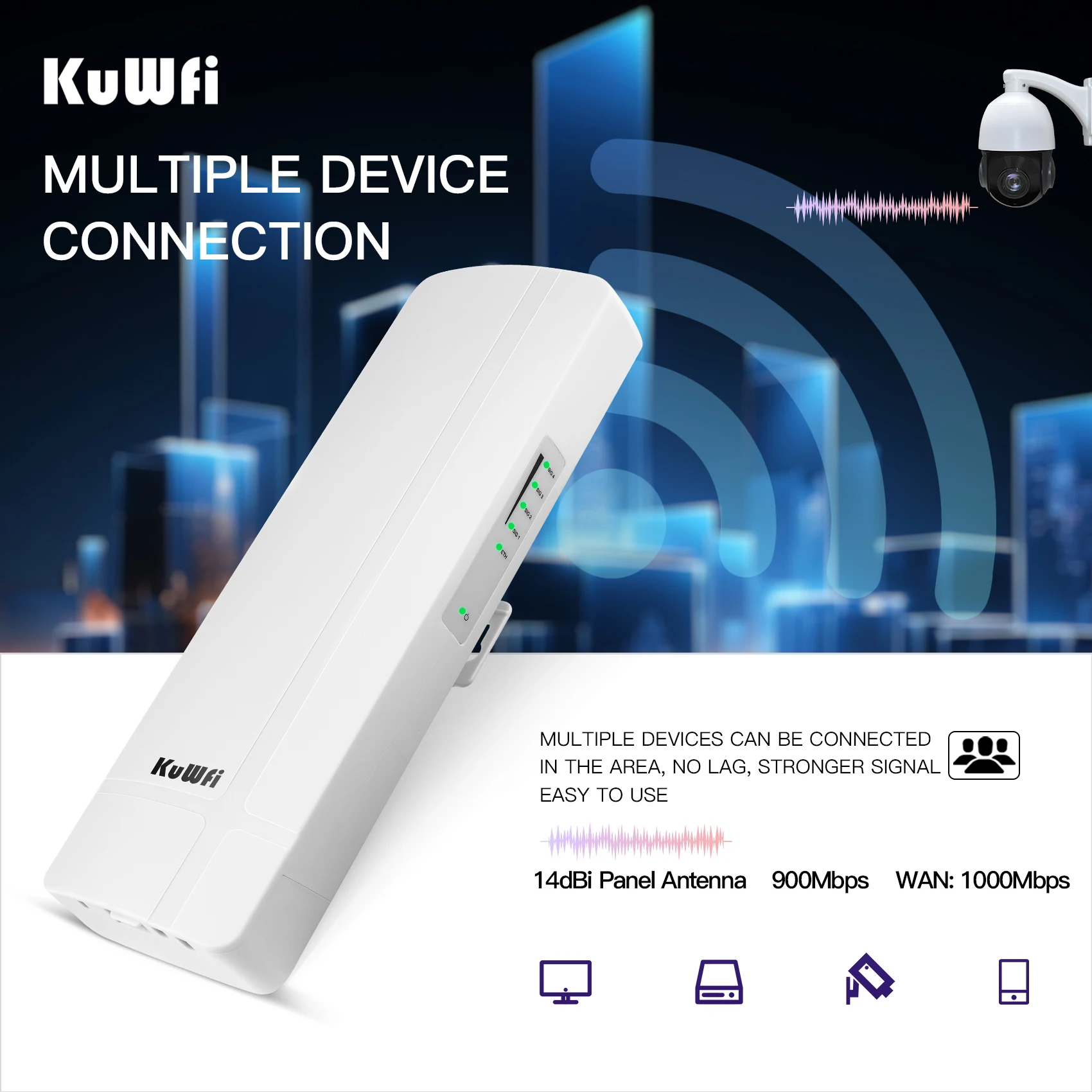 KuWFi 900Mbps exterior CPE puente inalámbrico 5GHz Wifi puente extensor de largo alcance acceso AP Wifi cobertura punto a punto 3KM - imagen 5
