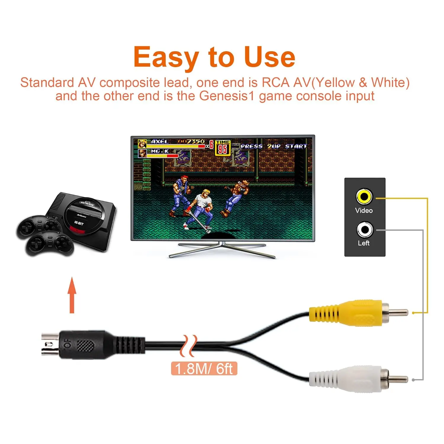 Para SEGA Mega Drive 1 Cable de Audio y vídeo AV Cable RCA 1,8 M/6 pies conexión AV enchufe compuesto de 5 pines para accesorios Genesis 1 - imagen 2