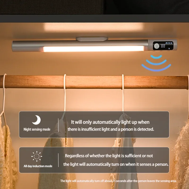 Luz nocturna con Sensor de movimiento, luces recargables USB tipo C, luces de gabinete para cocina, control remoto, pantalla Digital LED - imagen 4