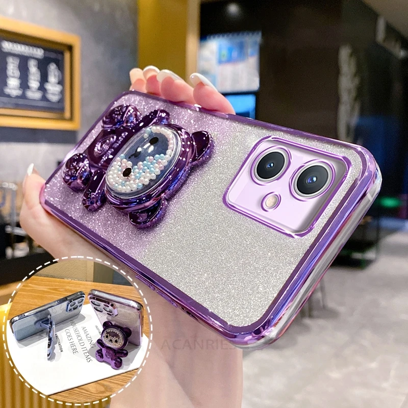 Motog54 lindo oso soporte chapado funda de silicona para Motorola Moto G54 G84 G24 G34 G85 G82 G83 G31 G32 G60 G72 G73 G22 cubierta del soporte - imagen 2