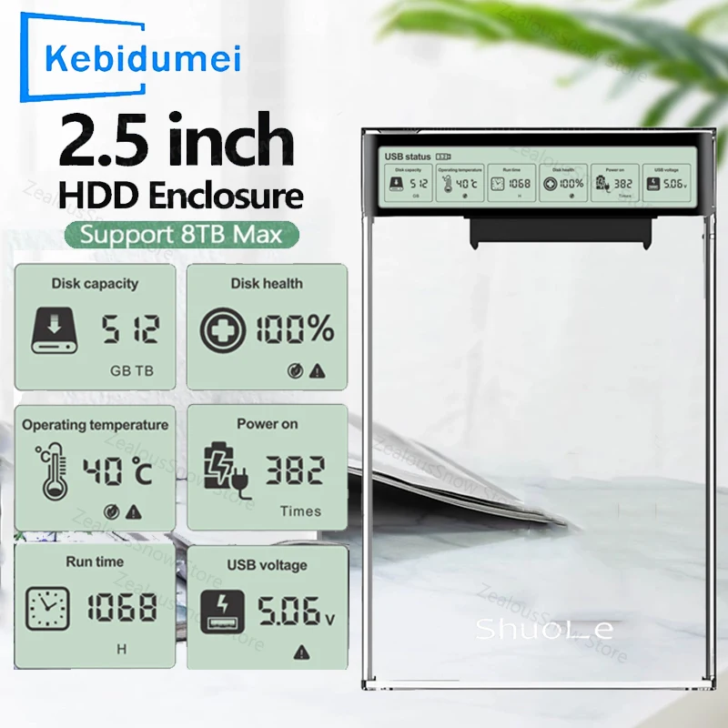 Pantalla inteligente 2,5 ''HDD SSD carcasa USB3.2 Gen2 transparente HDD externo con disco duro de 5Gbps estuche de almacenamiento portátil para ordenador portátil - imagen 2