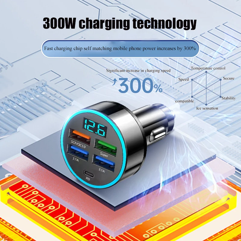 Utilizado para cargador de coche, enchufe de conversión de encendedor de cigarrillos para teléfono móvil, interfaz USB de carga súper rápida de cinco orificios para coche, 100/300/500W - imagen 4