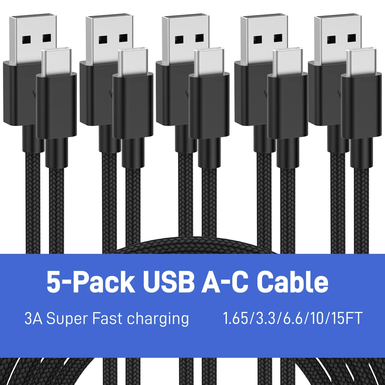 MIZIQIER Paquete de 5 cables USB A a USB C, 1,6 pies 3,3 pies 6,6 pies 10 pies 15 pies 3A Cable tipo c de carga rápida para iPhone 15 16 17 Series