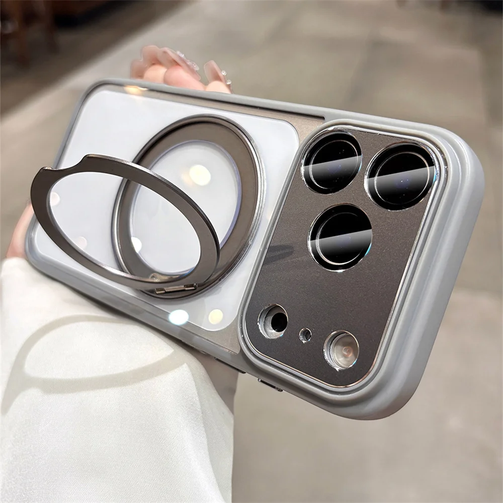 Soporte de aleación de aluminio soporte giratorio funda de teléfono magnética para iPhone 17 16 14 15 13 12 Pro Max protección de lente de aire cubierta transparente - imagen 3