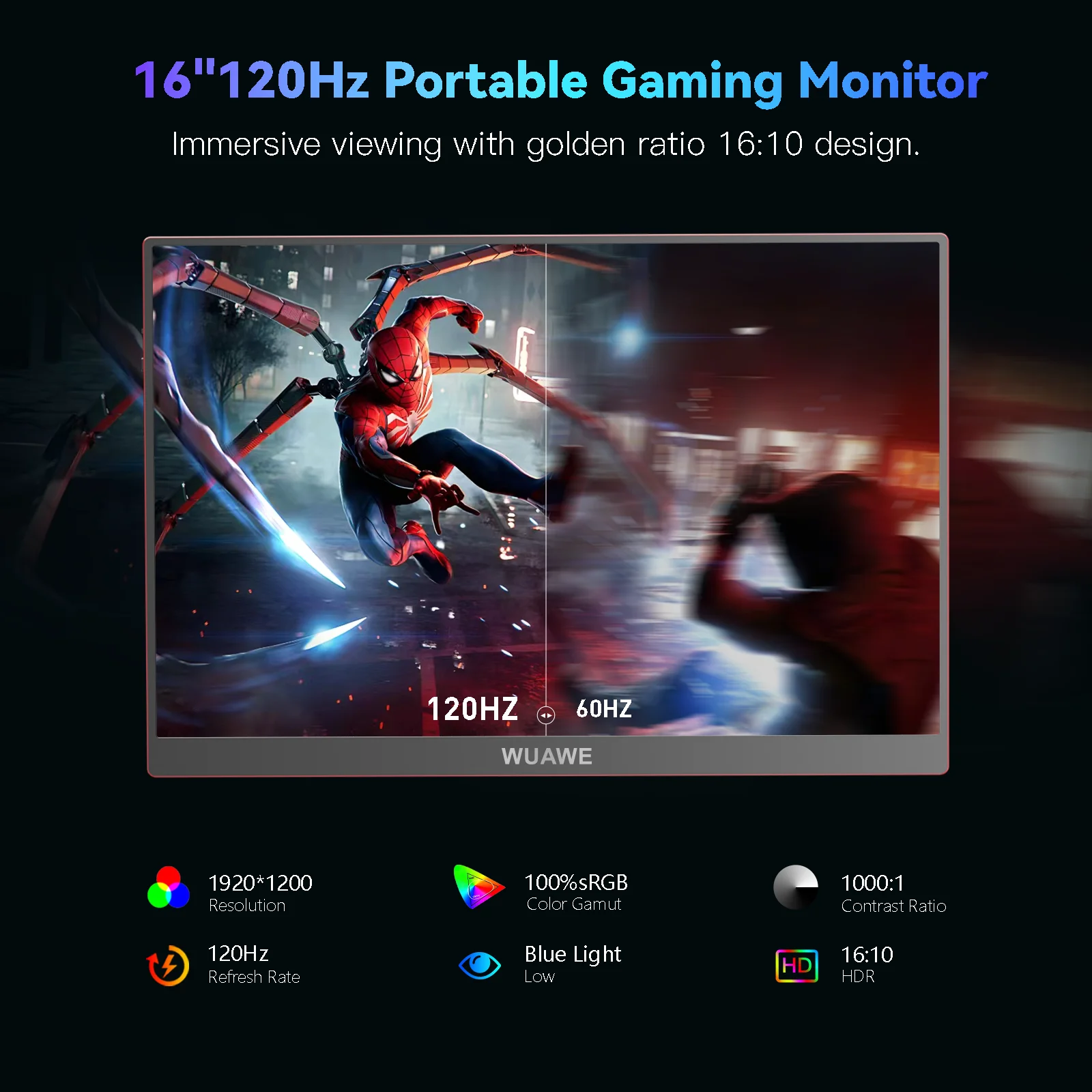 2024 nuevo diseño 16 pulgadas 120hz Monitor de juego portátil para ordenador portátil, WUAWE 1200P LCD colorido FHD ordenador segunda pantalla externa - imagen 2
