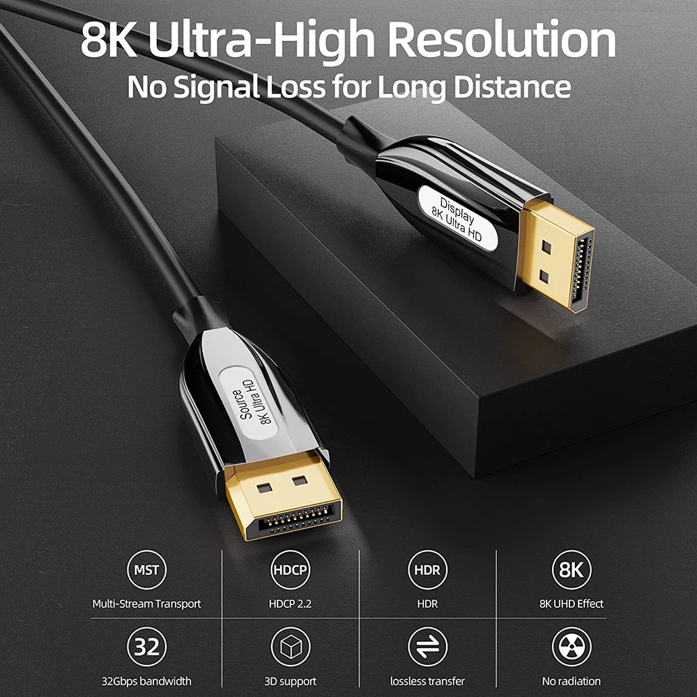 Cable Displayport 1.4 de fibra óptica 8K de 10M/15M/20M, compatible con 8K @ 60Hz, 4K @ 144Hz de alta velocidad 32,4Gbps compatible con Visual 3D, auriculares VR - imagen 4