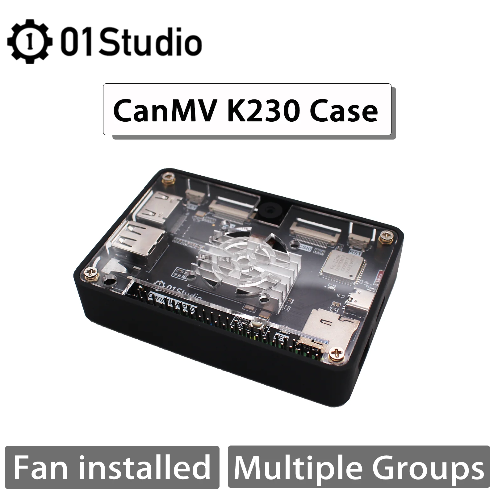 01Studio CanMV K230 AI caja de placa de desarrollo caja multiusos con ventilador y pantalla de 3,5 pulgadas