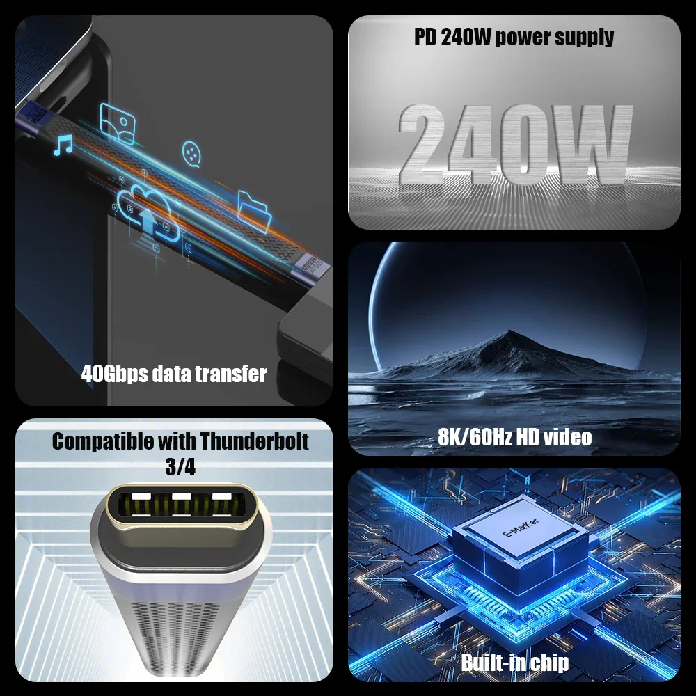 Câble de données plat court pour ordinateur portable, adaptateur audio et vidéo PD, charge rapide, type C mâle à mâle, 240W, USB 4.0, 40Gbps, 8K, 60Hz - imagen 2