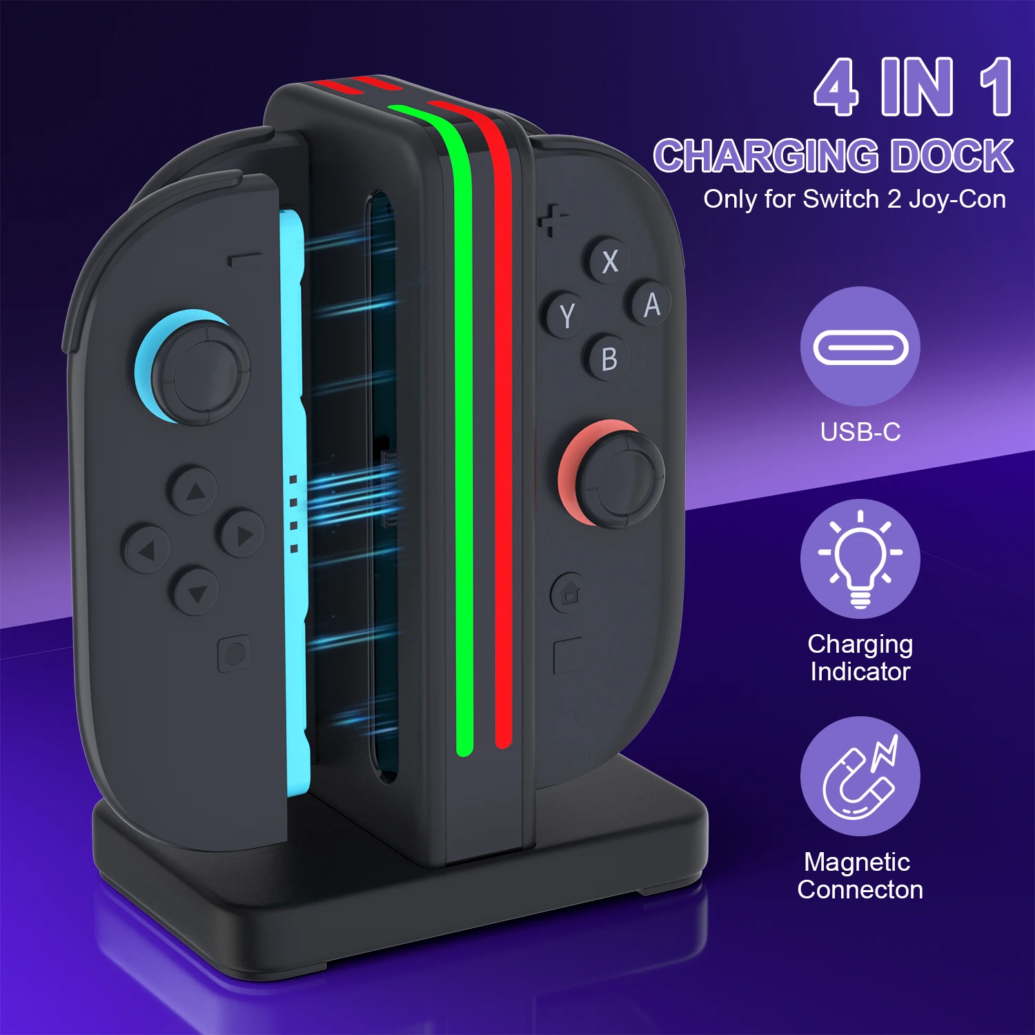 RGEEK 4 en 1 USB tipo C base de carga magnética para Nintendo Switch 2 JoyCon estación de carga rápida con indicador LED - imagen 2