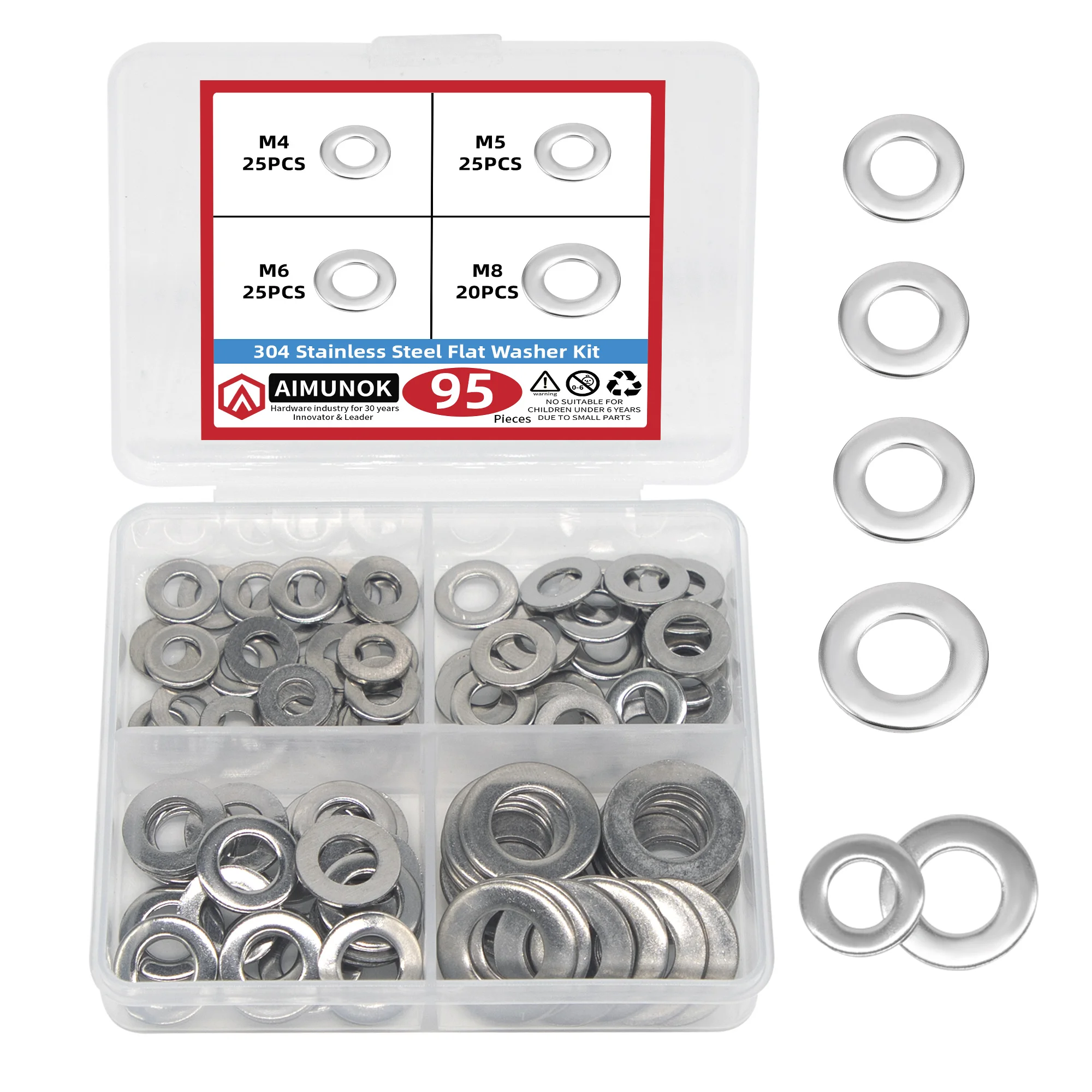 Kit de arandelas planas de acero inoxidable 304, 95 Uds., M4, M5, M6, M8, arandelas planas, anillos de junta plana, Hardware liso, arandelas de Metal