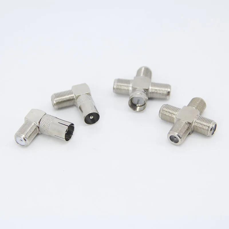 RF F macho hembra a 2 TV de 3 vías macho hembra Cable de enchufe en ángulo recto conector divisor T enchufe hembra de TV Coaxial - imagen 5
