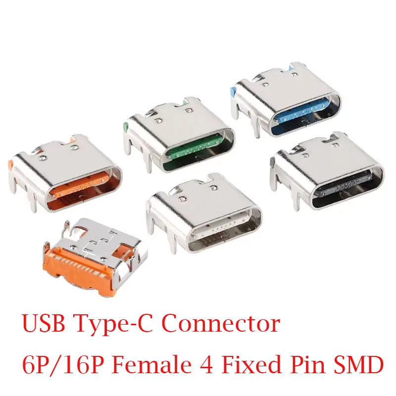 Conector USB Tipo-C Hembra de 10 Piezas, 6P/16P, 4 Pines Fijos, SMD, Alta Corriente, Carga Rápida, Conector USB para Puerto de Carga de PCB