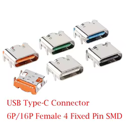Conector USB Tipo-C Hembra de 10 Piezas, 6P/16P, 4 Pines Fijos, SMD, Alta Corriente, Carga Rápida, Conector USB para Puerto de Carga de PCB