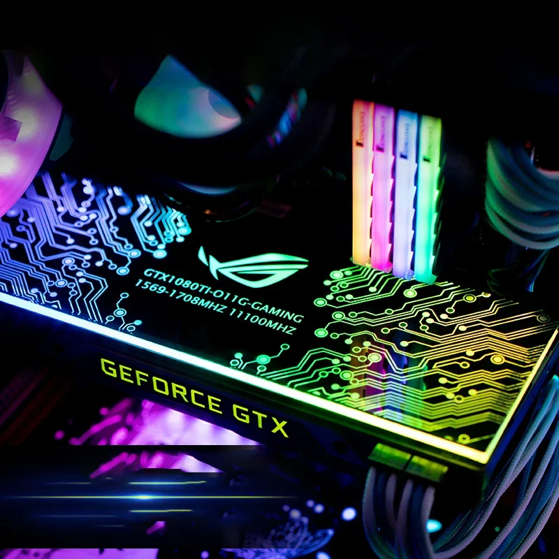 Placa trasera GPU, tablero de luz del chasis, decoración de la caja, panel MOD personalizado, 5V ARGB/ 12V RGB/Molex, colorido, MOBO AURA SYNC