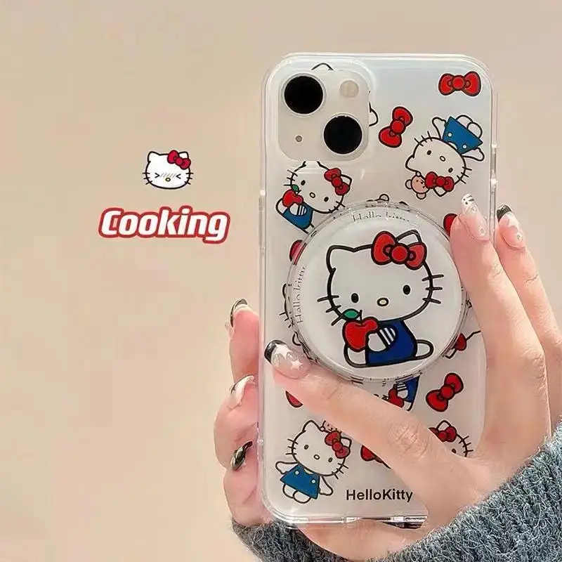 Sanrio-funda de teléfono con soporte de Hello Kitty, color rosa, carga inalámbrica, para Samsung Galaxy S24 Ultra S22 S23FE Z Flip 6 5 3 4, dura - imagen 3