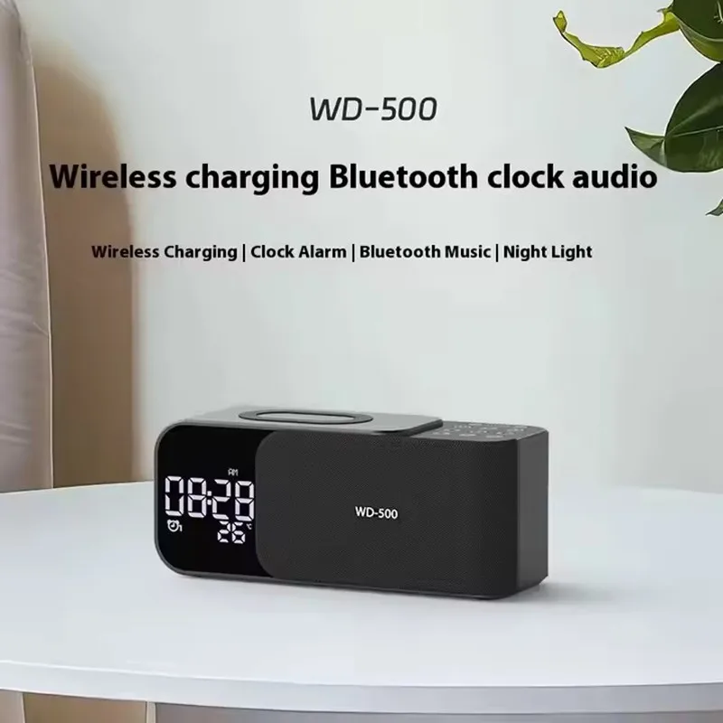 Reloj despertador doble con carga inalámbrica de 15W, Altavoz Bluetooth para el hogar con luz nocturna, subwoofer Bluetooth, pantalla de temperatura FM/TF/AUX - imagen 4