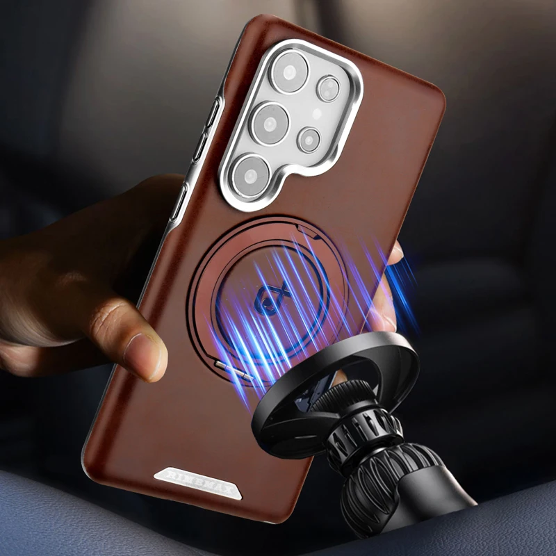 Para Magsafe Magnético 360 ° Funda de teléfono de cuero con anillo de soporte giratorio para coche, cubierta trasera de parachoques para Samsung S25 Ultra S23 S24 Ultra Plus - imagen 4