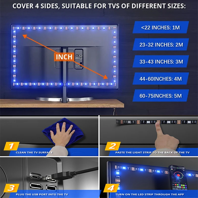 Tira de luces Led Bluetooth RGB 5050, cinta de luz Led inteligente, tiras de iluminación Led flexibles de 5V, adhesivo, tira de luces Led de 24 teclas con control remoto - imagen 5