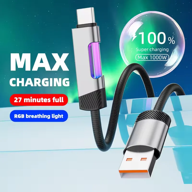 Cable USB tipo C Cable 100 Cable de carga rápida con luz indicadora de carga RGB Cable de datos trenzado para iPhone 16 Xiaomi Samsung - imagen 2