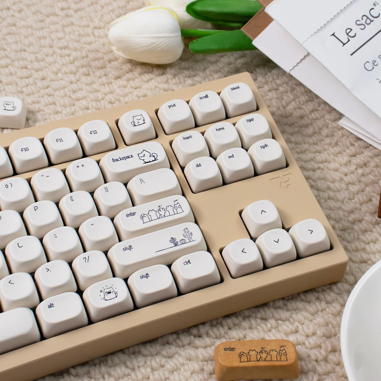 Teclas de gato de arena, teclas PBT, teclas MOA sublimadas de tinte, color blanco, bonitas teclas de fuente pequeña para teclado mecánico MX 61/64/68/96 - imagen 3