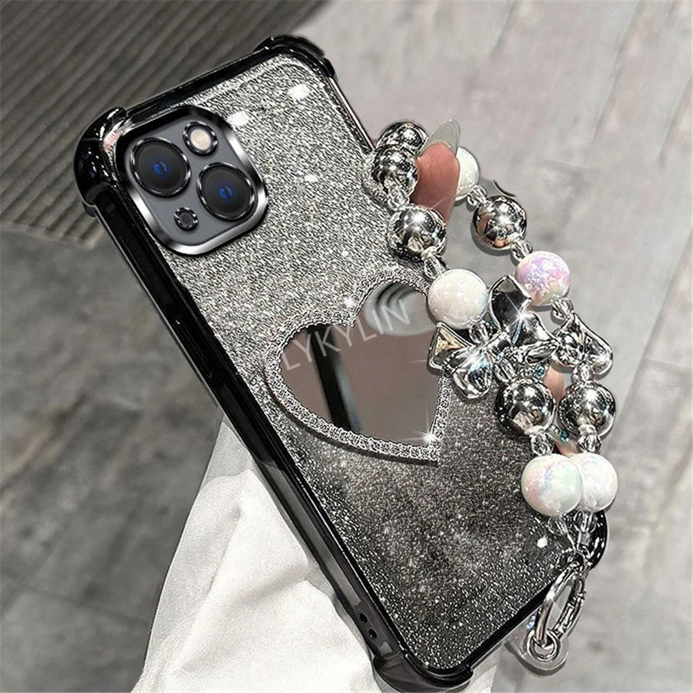 Funda de teléfono de lujo con pulsera a prueba de golpes para Samsung A53 A52 A32 A13 A23 A33 A73 A12 A22 A03 Core A51 cubierta de espejo de corazón brillante - imagen 4