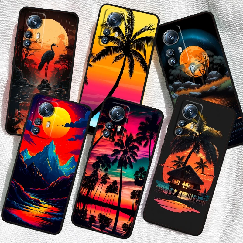 Coconut Tree Sunset Bird Art para Xiaomi Mi 14 13T 13 12T 12 11T 11i 11 10T 10 Pro Lite Ultra 5G, funda de teléfono de TPU negra