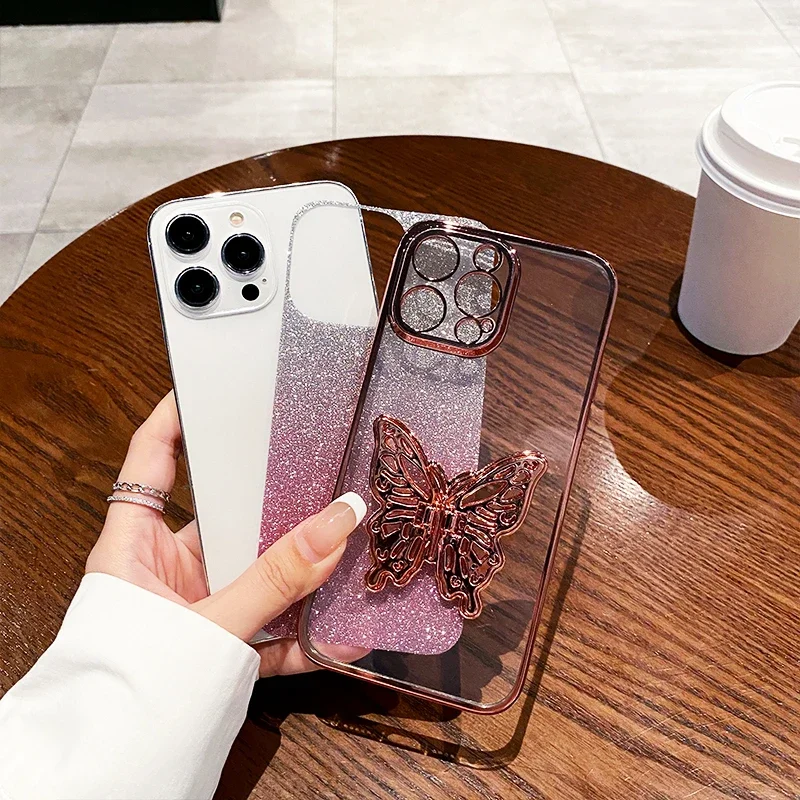 Fashion Butterfly Phone Holder Crystal Bracelet Glitter Plating Case for Xiaomi Redmi 14C Poco C75 C71 F7 Pro Bracket Back Cover - imagen 5