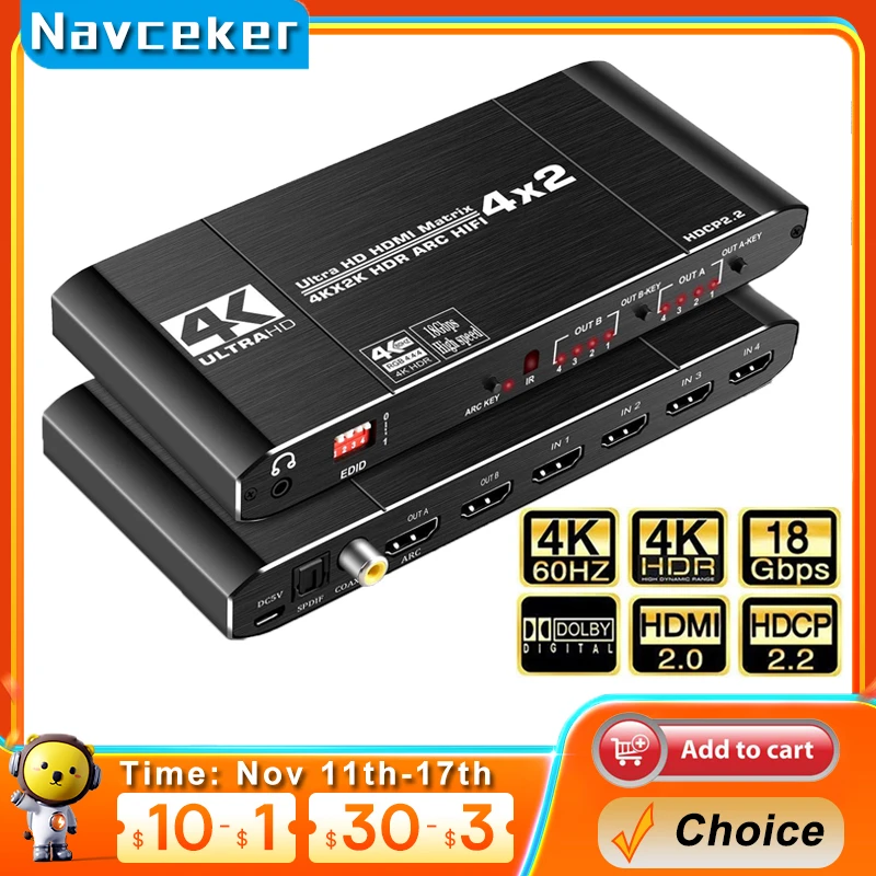 Divisor de interruptor matricial 2023 4x2 con SPDIF y L/R 3,5mm HDR, compatible con HDMI, 2x2, compatible con HDCP 2,2 ARC 3D 4K @ 60Hz para PS5