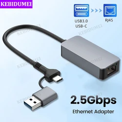 Adaptador Ethernet con cable de doble puerto, tarjeta de red de 2500Mbps, adaptador USB tipo C a RJ45, convertidor de tarjeta de red USB 3,0 de 2,5G para ordenador portátil