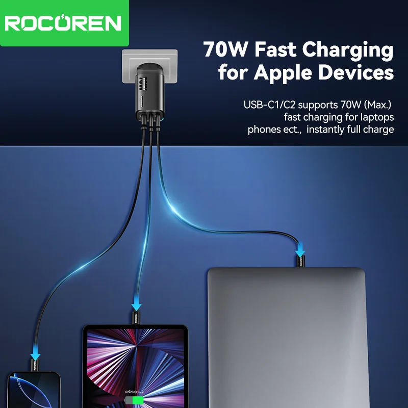 Rocoren 65W GaN USB tipo C cargador QC PD 3,0 USBC cargador USB de carga rápida para iPhone 16 Pro Xiaomi Macbook Samsung S25 portátil - imagen 3