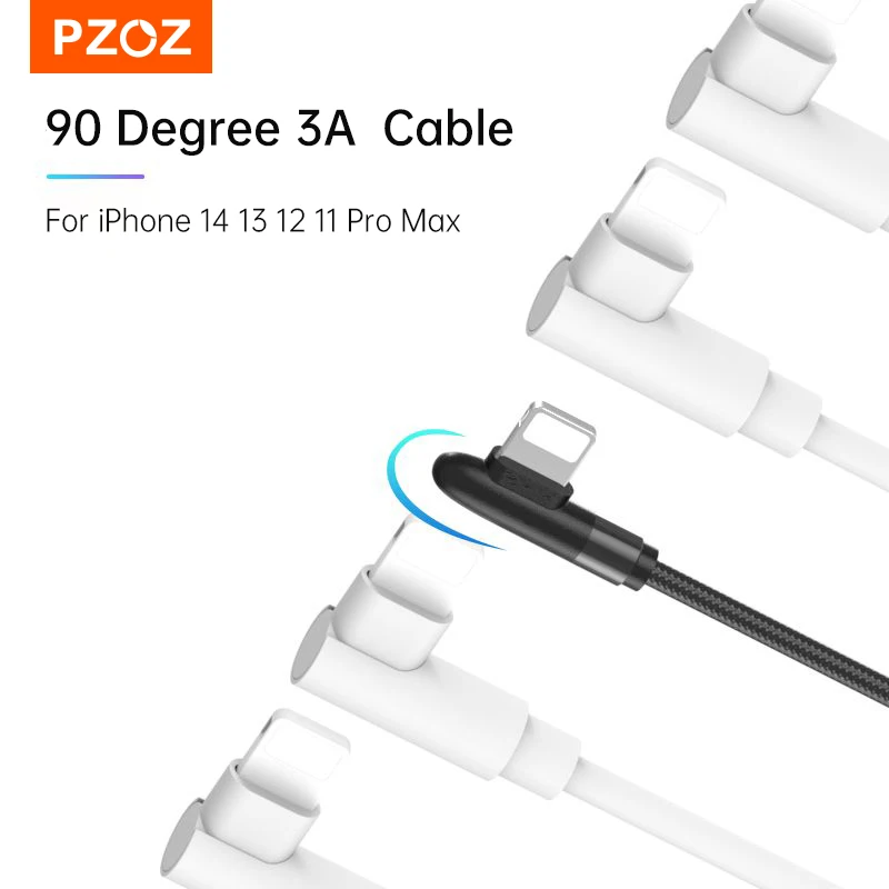 Cable PZOZ 3A de 90 grados para iPhone 14 13 12 11 Pro Max Xs Xr X 8 6 Plus 5 5S SE iPad Cable de carga rápida Cable de cargador - imagen 3