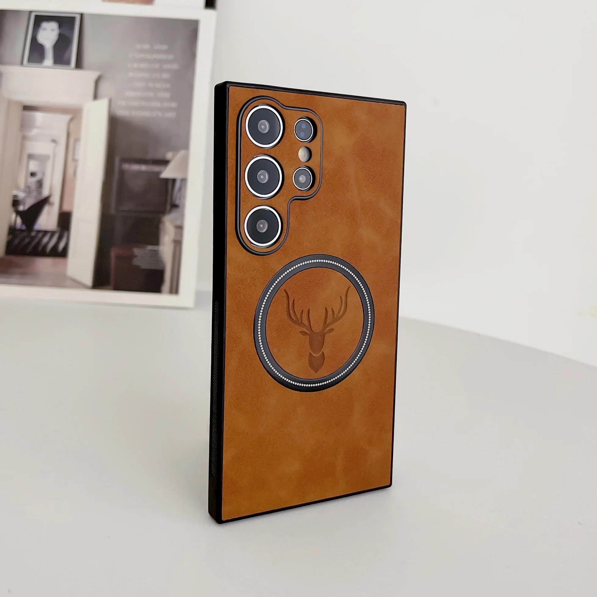 Funda de teléfono de cuero magnético con cabeza de ciervo de piel de oveja de lujo para Samsung S26 Ultra S25 Plus S24 S23 Note20 cubierta de carga inalámbrica - imagen 3