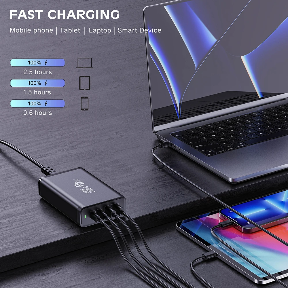 245W USB C Power Adapter 4 Ports GaN Desktop Charging Station PD100W PPS45W Fast Charger for MacBook iPhone 15 Samsung S23 Ultra - imagen 4