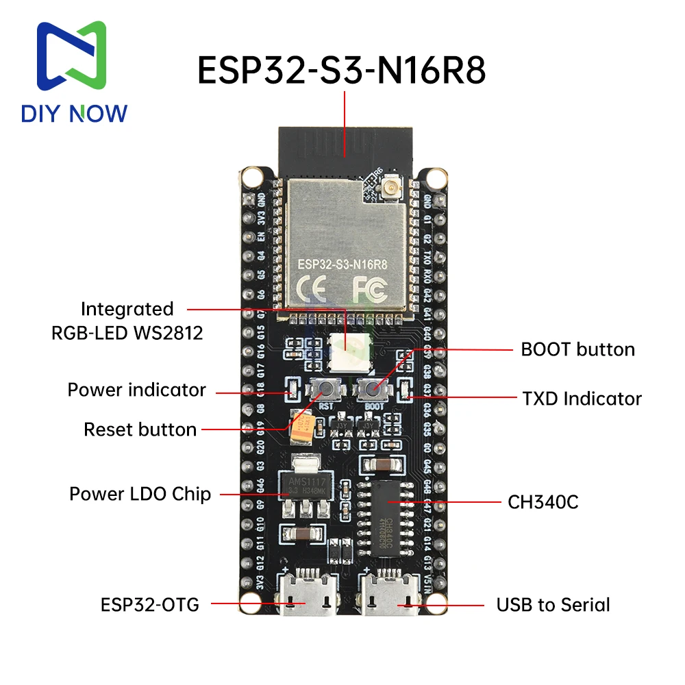 ESP32-S3-N16R8 2,4 GHz wifi Bluetooth 5,0 placa de desarrollo ESP32-DevKitC-1 placa de desarrollo de núcleo interfaz Micro USB tipo C - imagen 4
