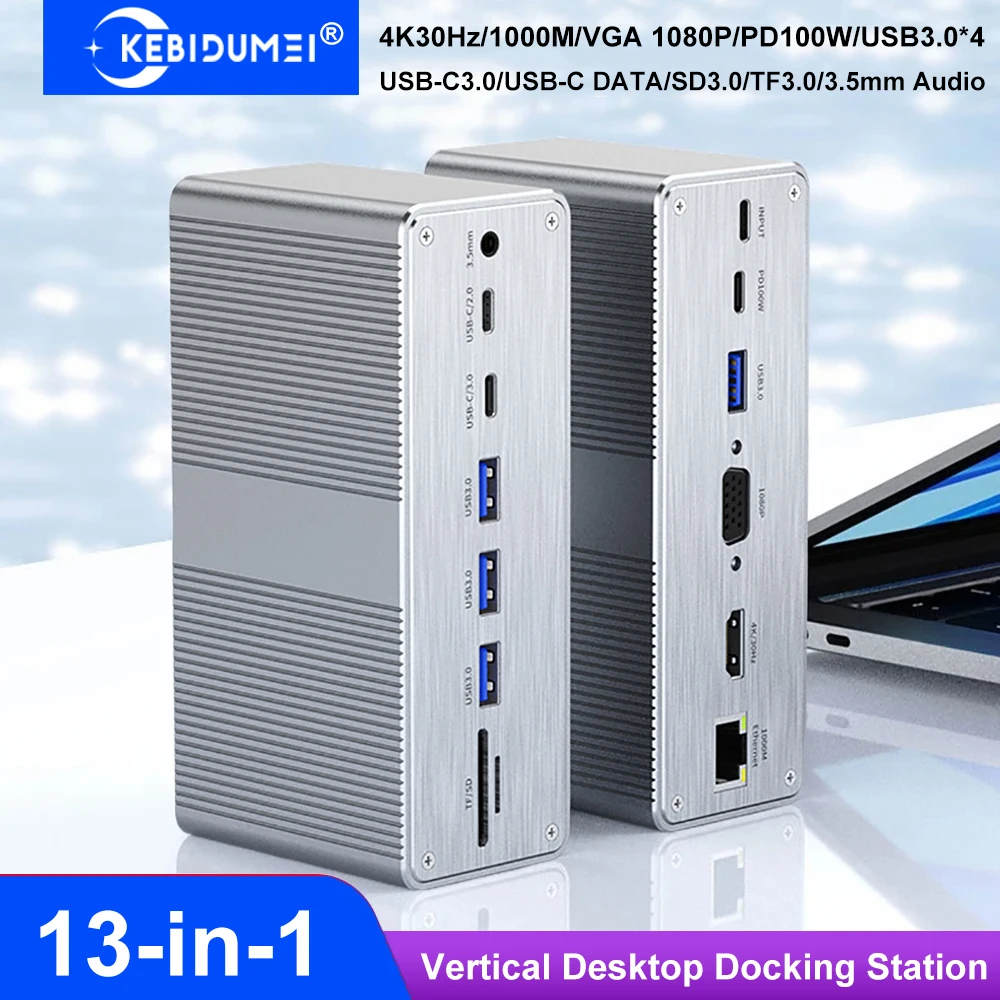 Estación de acoplamiento Vertical 13 en 1, estación de acoplamiento USB C de escritorio, HDMI 4K/Gigabit Ethernet/VGA 1080P/PD100W/USB3.0 para PC y portátil