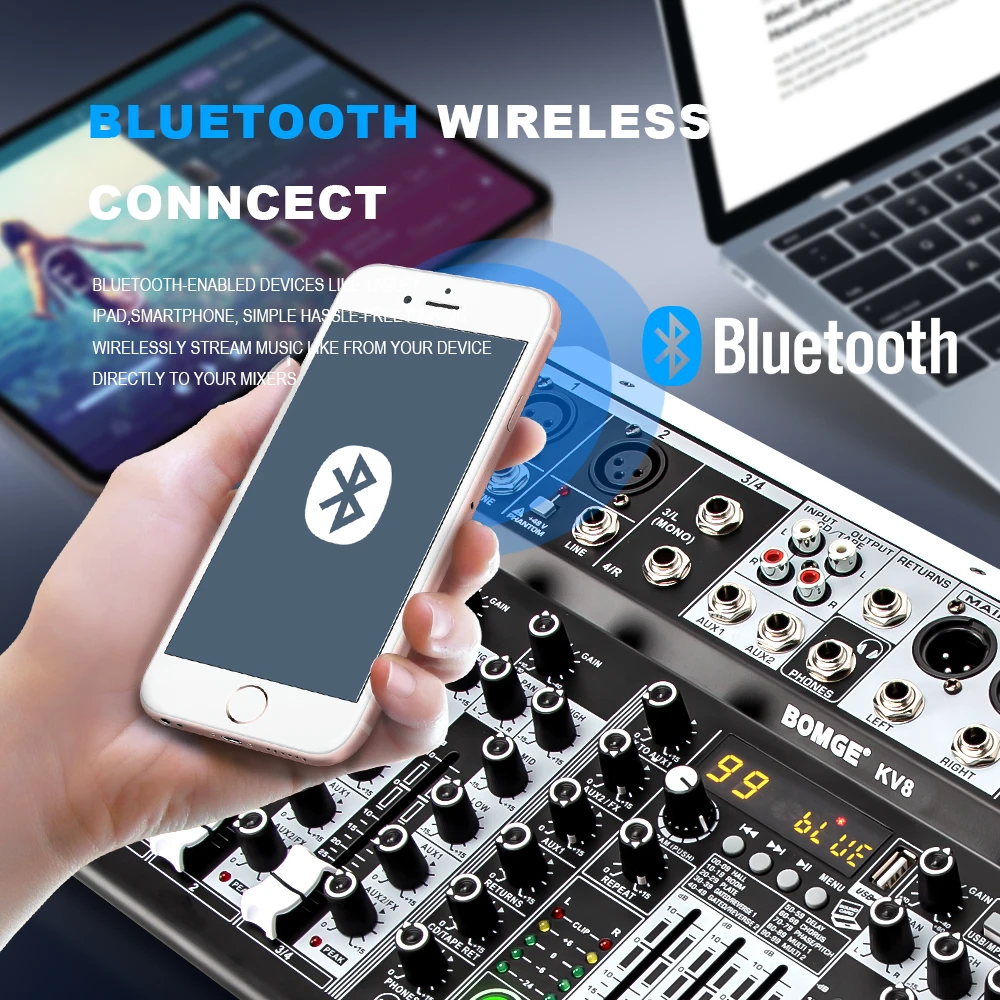 Mezclador de Audio profesional de 4, 6, 8 canales, consola mezcladora de sonido con interfaz USB, 99DSP, 48V, alimentación fantasma para grabar transmisión - imagen 2