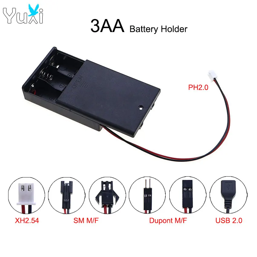 YuXi 1 pieza 3x AA AA soporte de batería caja de almacenamiento con interruptor y cubierta PH2.0 XH2.54 Dupont SM Cable de Terminal de enchufe USB