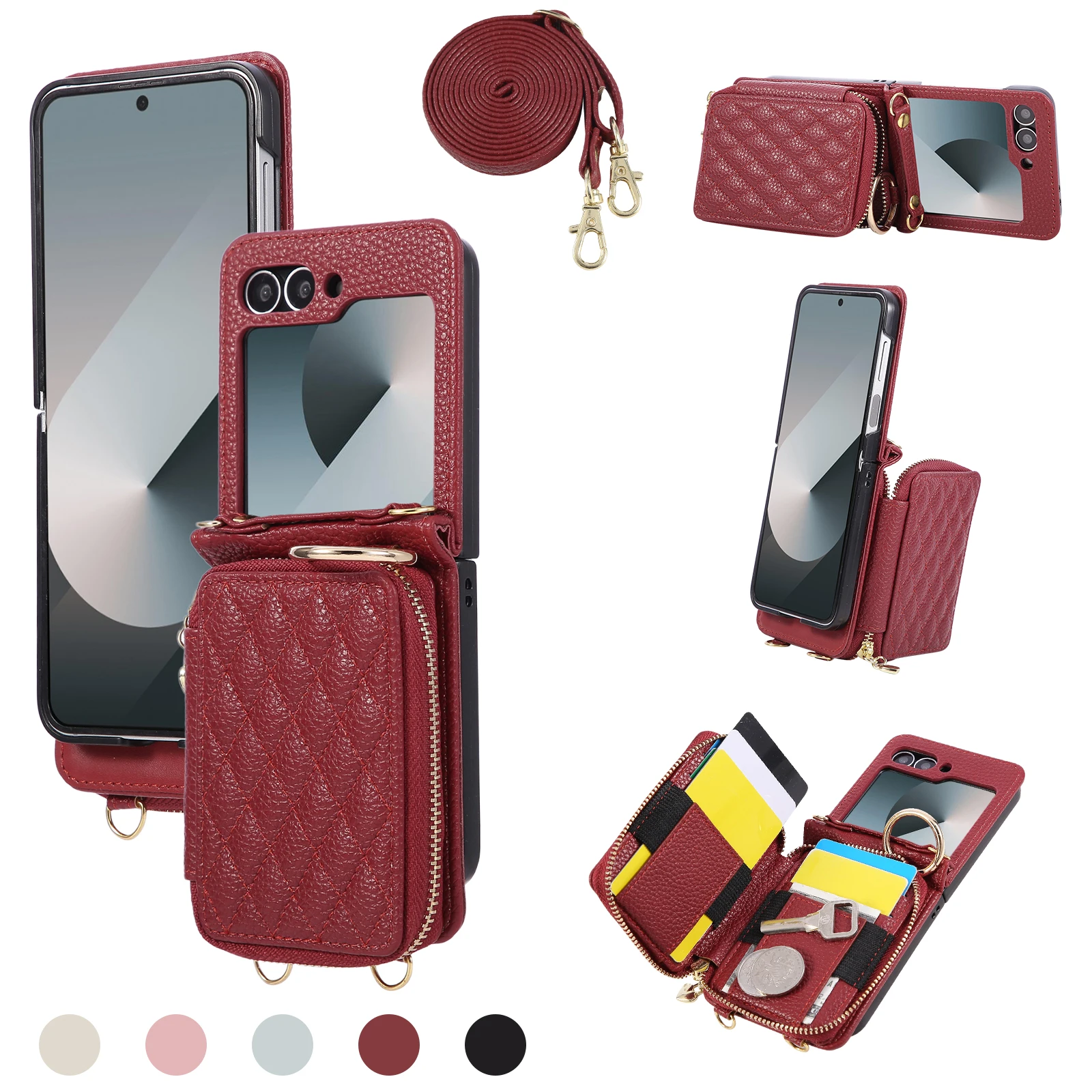 Bandolera con cremallera tarjetas Solt cartera Funda de cuero para Samsung Galaxy Z Flip 7 7FE 6 5 4 3 bolsa con cordón largo cubierta de soporte de anillo de rejilla - imagen 2