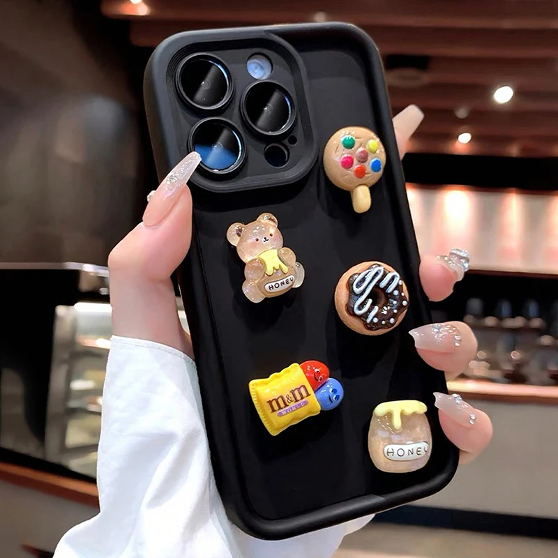 Funda de teléfono con bonito oso 3D, miel, Donut, café, para iPhone 11, 12, 13, 14, 15, 16 Pro Max 7, 8 Plus X XS XR, funda suave de silicona a prueba de golpes