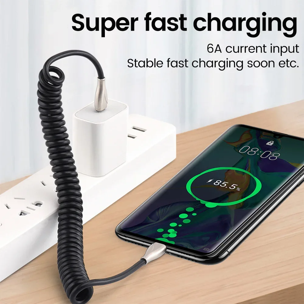 Cable de carga rápida tipo C de 35CM a 1,6 M 66W, cargador de teléfono telescópico de resorte para coche, Cable USB para Samsung, Xiaomi, Redmi, Cable USB C - imagen 5