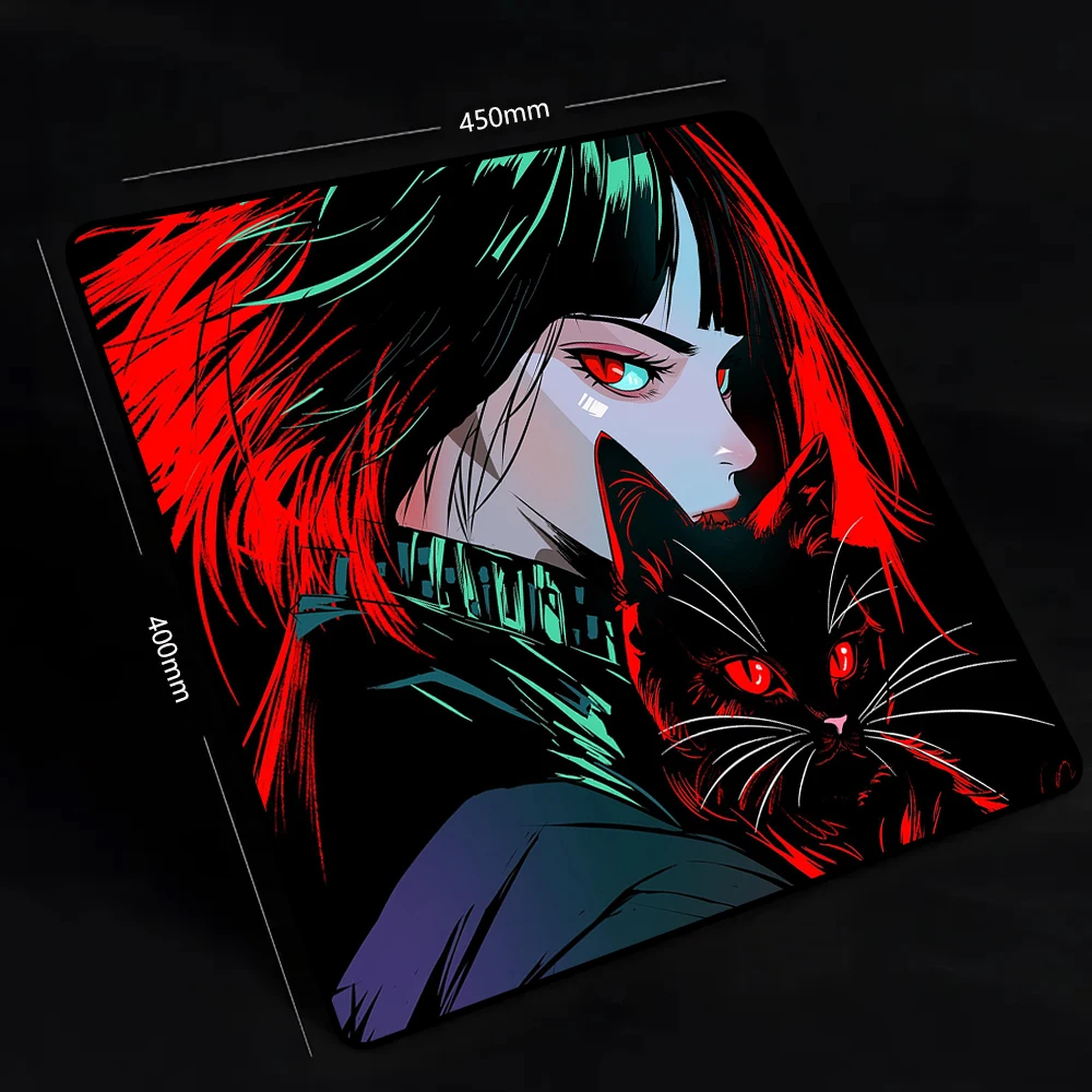 Alfombrilla de ratón de juego de Anime de gato negro estilo Cyberpunk para jugadores, alfombrilla de ratón profesional para deportes electrónicos, alfombrilla de ratón impermeable de equilibrio XL - imagen 3